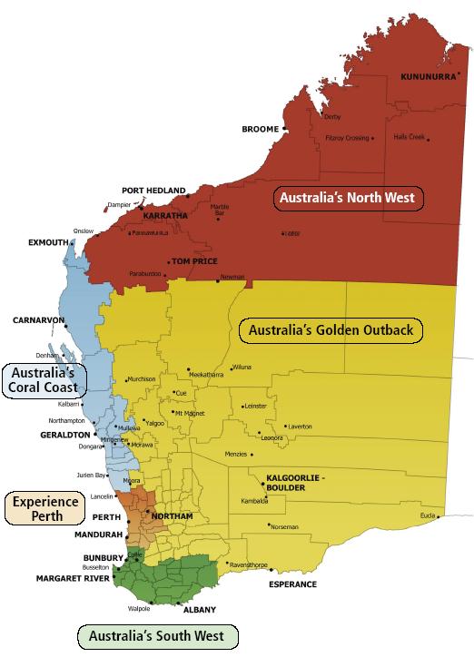 Westaustralien ist touristisch in fünf verschiedenen Großraumgebiete unterteilt; Klicken Sie auf das Bild um eine vergrößerte Ansicht sehen zu können.